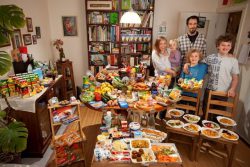 The Sturm Family of Hamburg, Germany. Astrid Hollmann, 38, and Michael Sturm, 38, and their three children Lenard, 12, Malte Erik, 10, and Lillith, 2.5, with their typical weekâ¤?s worth of food in June. ONE WEEKâ¤?S FOOD IN JUNE Food Expenditure for One Week: â?¬ 253.29 ($325.81 USD) Model Released.